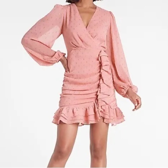 Express Pink Metallic Faux Wrap Ruffle Detail Mini Dress. - Picture 4 of 4